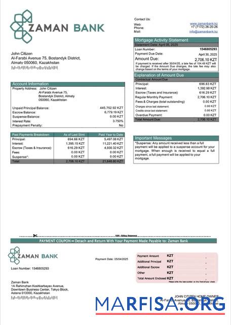 Blank Kazakhstan Zaman Bank mortgage statement Word and PDF template